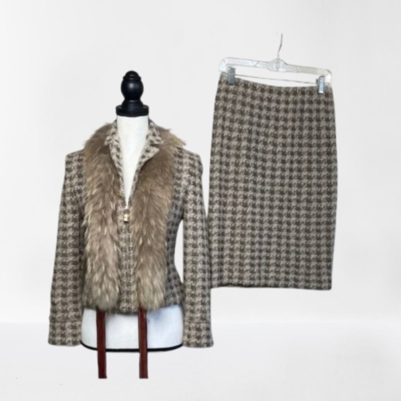 ST.JOHN fox fur Houndstooth knit wool Skirt suit set jacket silk lined - Picture 1 of 17